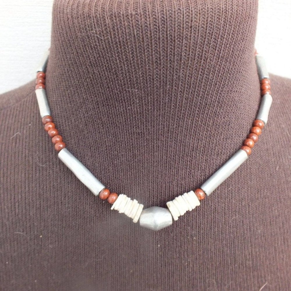 Choker Fashion Necklace With Beads, Shells and Spacers, 16" Long, Southwestern